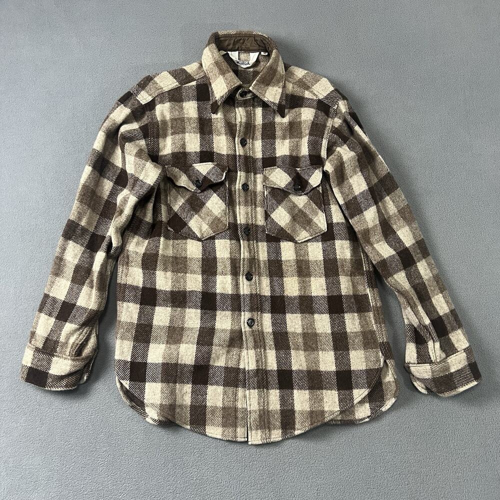 VTG 70s Woolrich Shirt Mens Medium Lumberjack Brown Buffalo Plaid Button